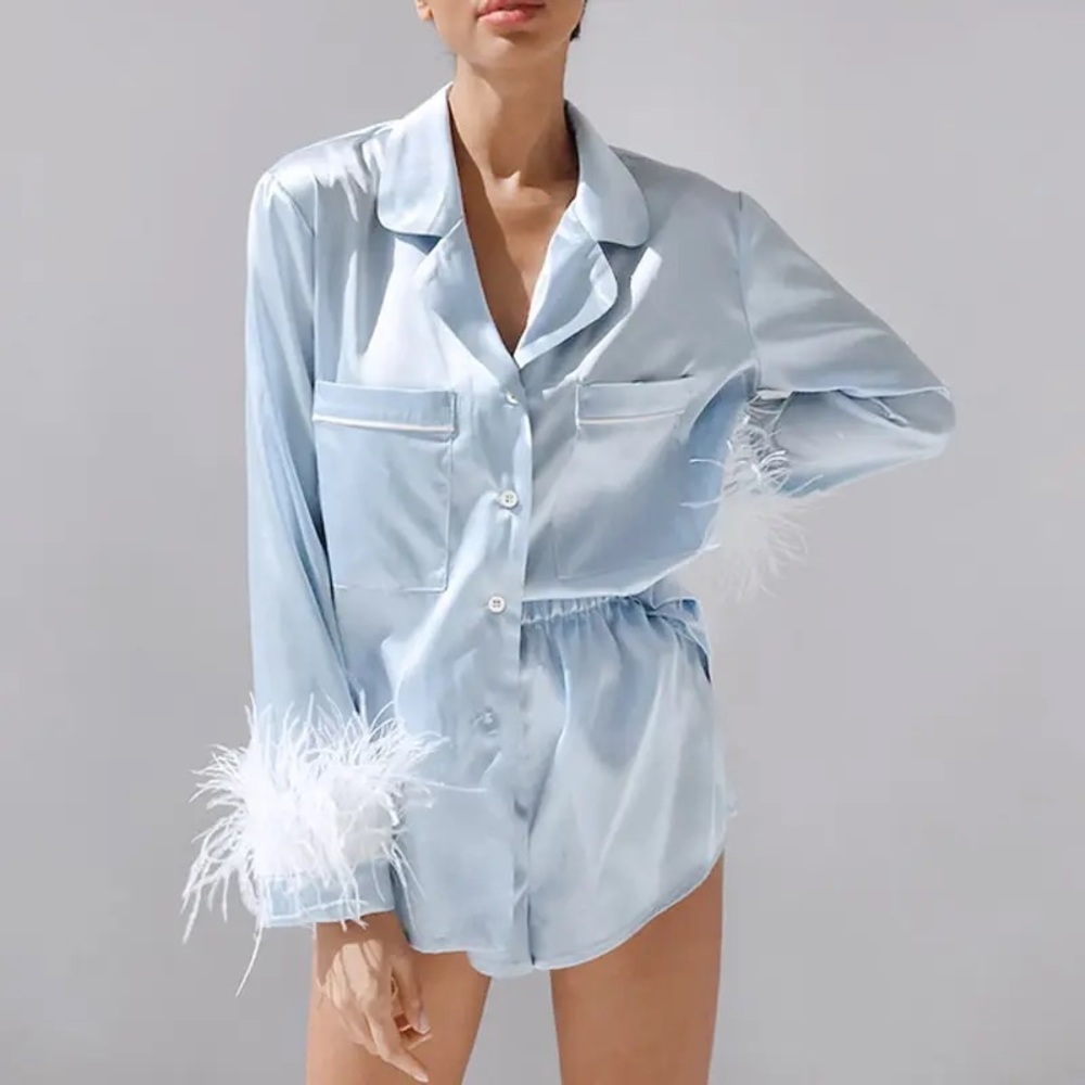 Blue satin pj top and shorts set